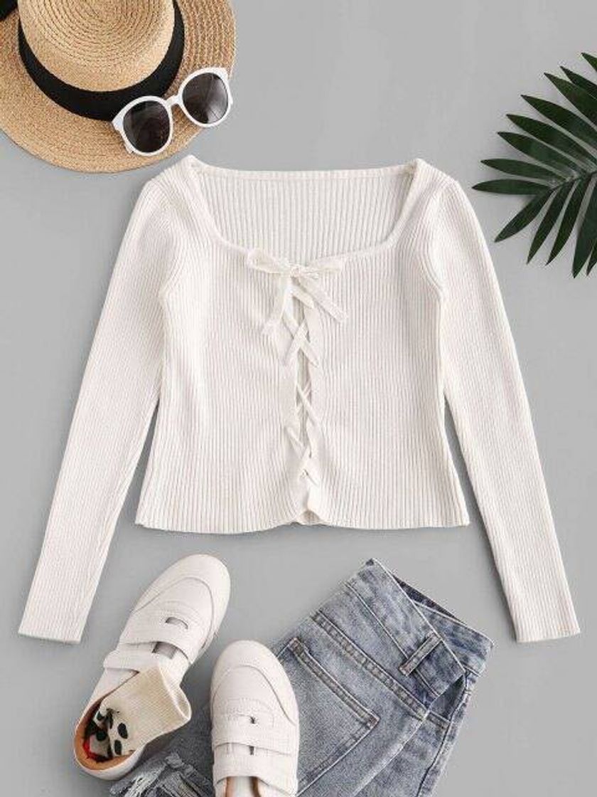 Social Fitted Lace Up Ribbed Knitwear - Warm White