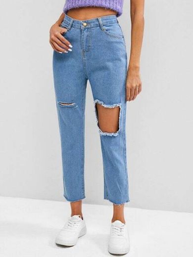 Destroyed Frayed High Waisted Tapered Jeans - Light Blue L
