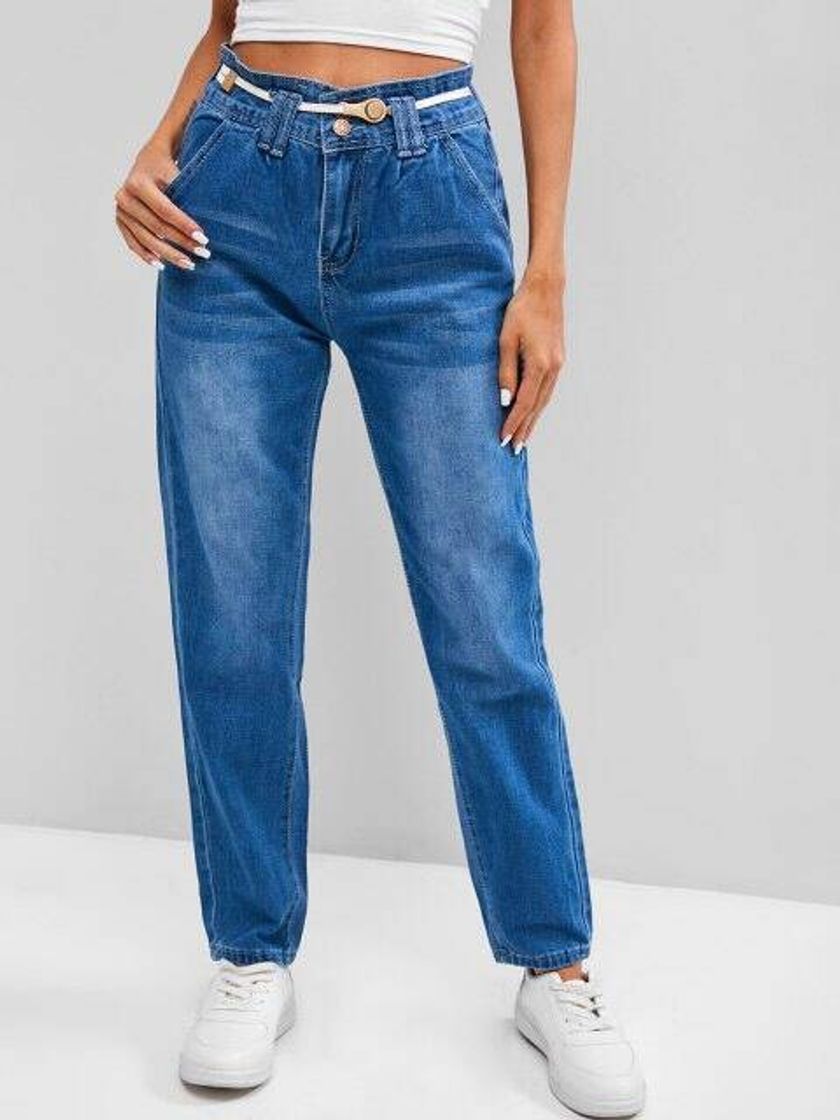Social Two Buttoned High Waisted Tapered Jeans - Blueberry Blue S