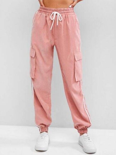 Side Striped Flap Pockets Pencil Cargo Pants - Light Pink S