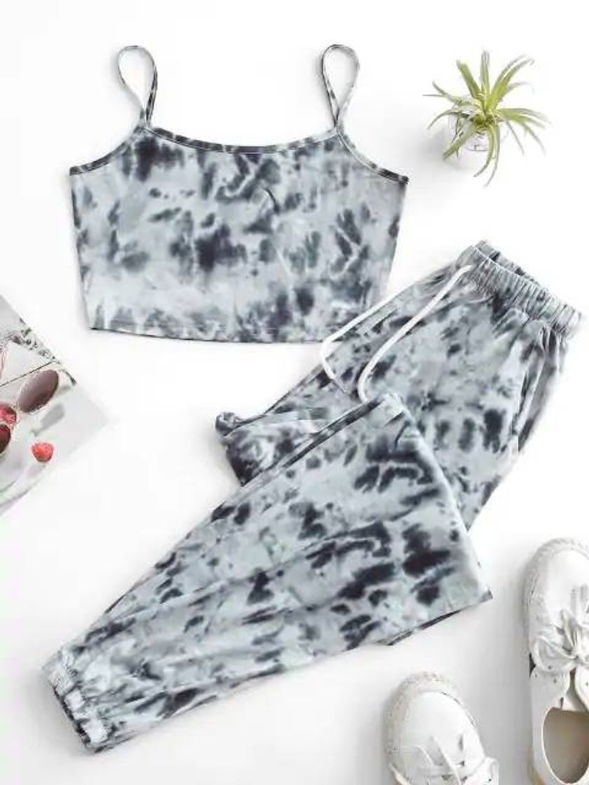 Fashion ZAFUL Tie Dye Pocket Drawstring Jogger Pants Set - Gray S