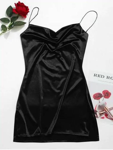 Side Slit Satin A Line Cami Dress - Black S

