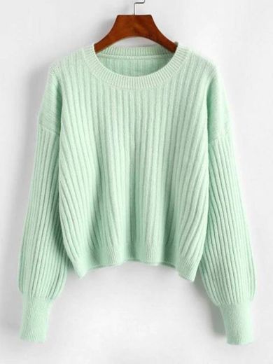 Crew Neck Plain Ribbed Sweater - Green

