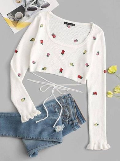 Tie-around Ditsy Floral Embroidered Cropped Sweater - White
