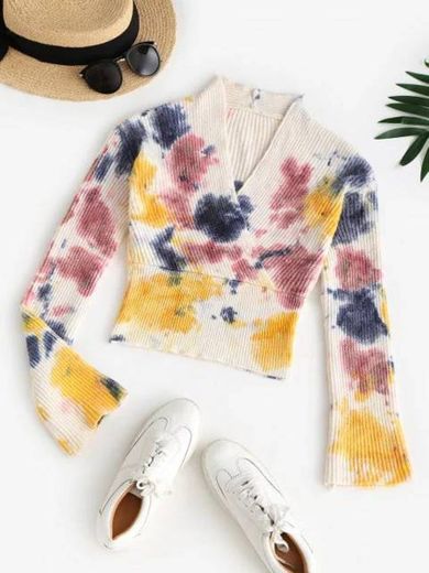 V Neck Tie Dye Surplice Sweater - Multi

