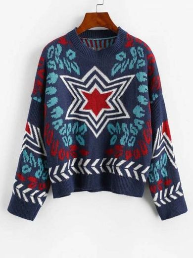 Loose Star Graphic Crew Neck Sweater - Deep Blue

