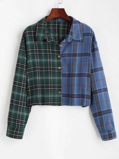 Button Down Contrast Plaid Shirt Jacket - Green Xl

