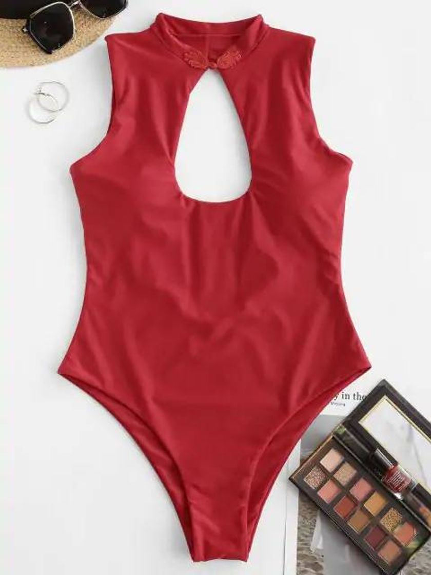Social ZAFUL Keyhole Chinoiserie Frog Fastener One-piece Swimsuit -