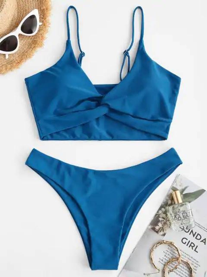 Social ZAFUL Plain Front Twist Padded High Cut Tankini Swimwear - D