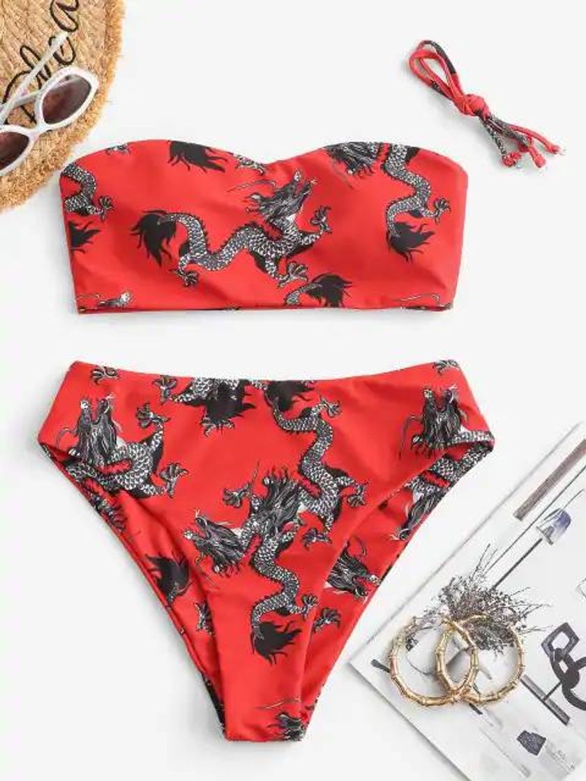 Social ZAFUL Dragon Print Oriental High Waisted Bikini Swimwear - R