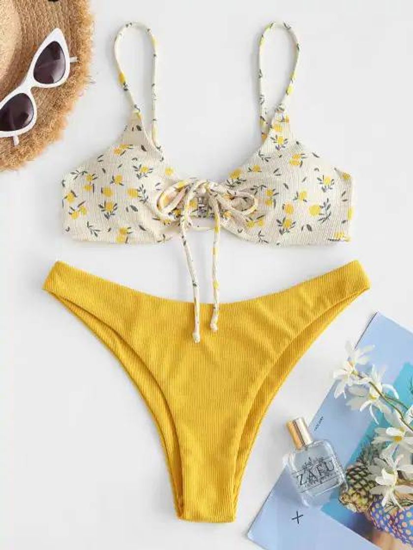 Social ZAFUL Ribbed Lemon Print Drawstring Keyhole Bikini Swimwear 