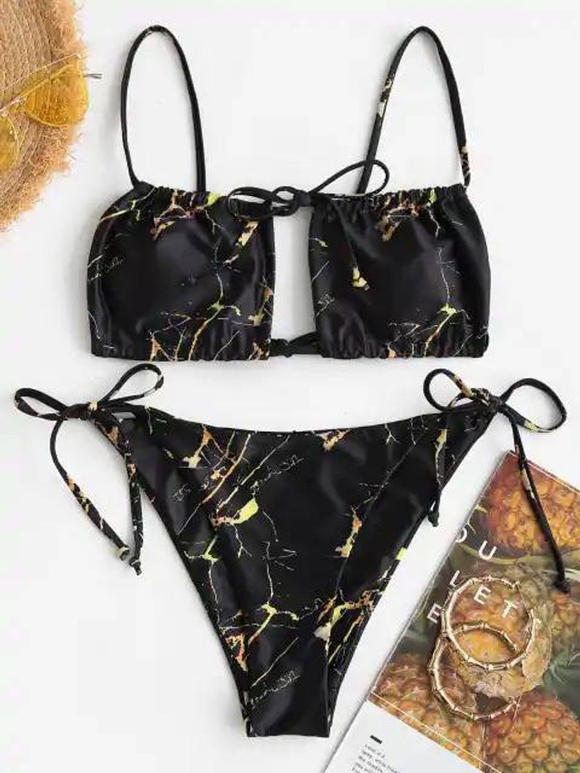 Social ZAFUL Marble Print Keyhole Ruched Tied Bikini Swimwear - Bla