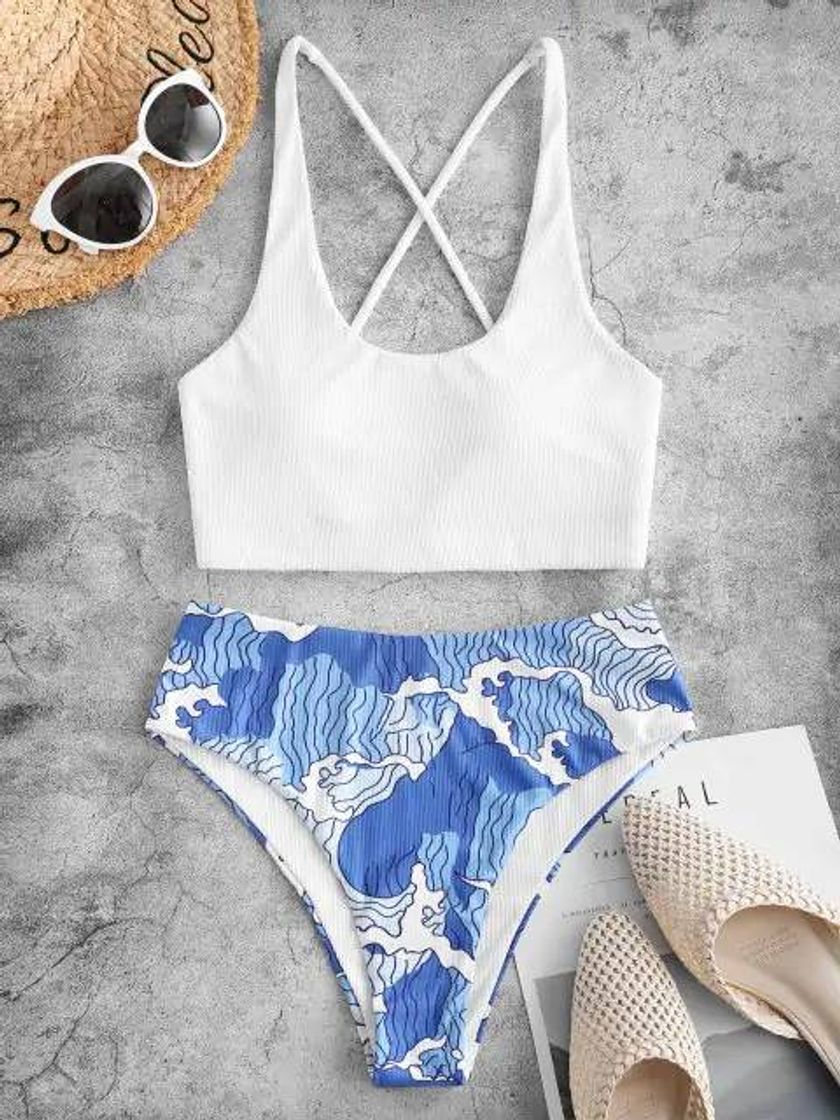 Social ZAFUL Sea Wave Print Side Boning Ribbed Tankini Swimwear - W