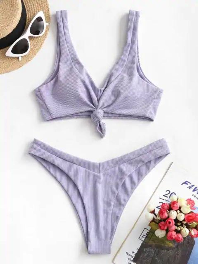 Social ZAFUL Ribbed Knot High Leg Bikini Swimsuit - Lavender Blue L