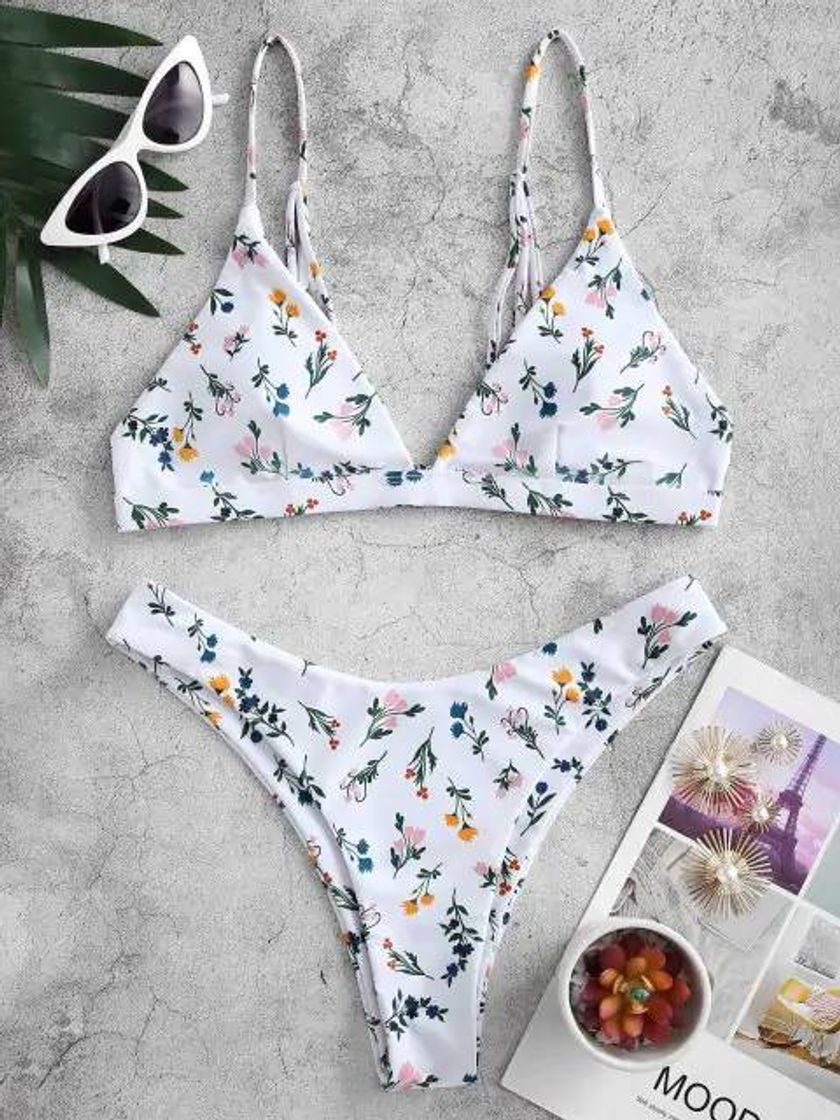 Social ZAFUL Floral Strappy High Leg Cami Bikini Swimwear - White M