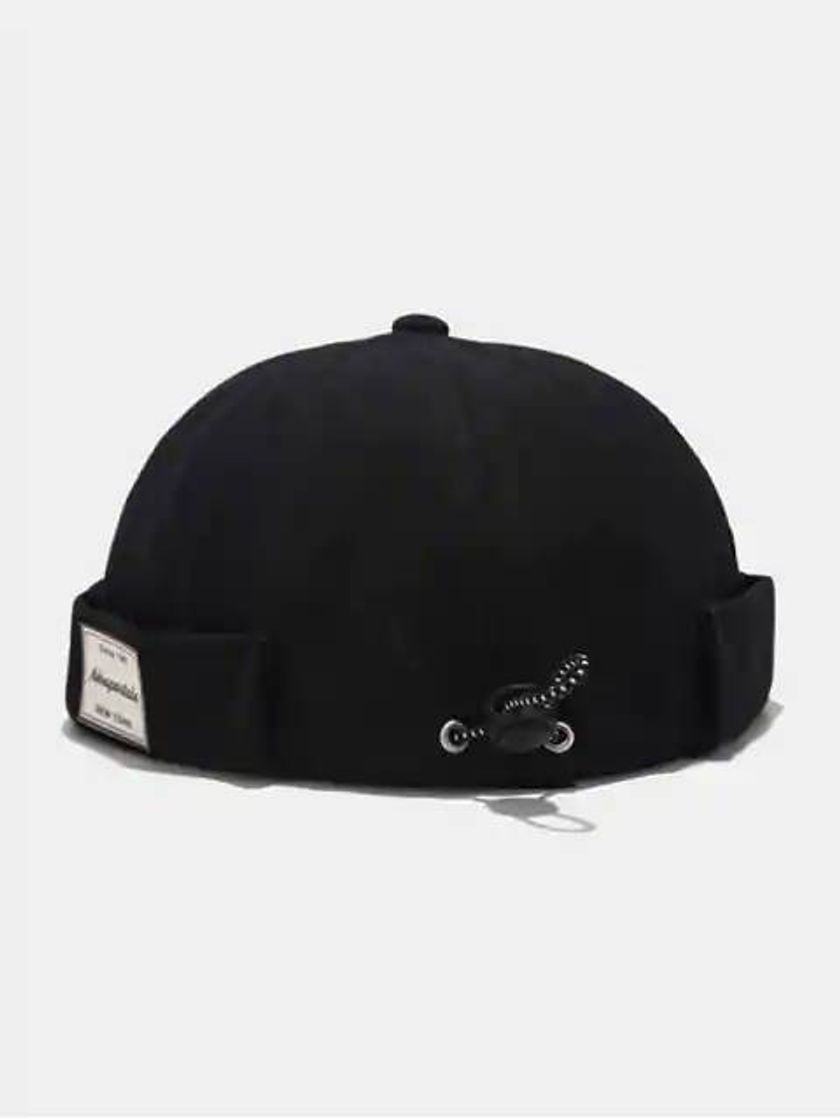 Social Letter Applique Drawstring Skullcap Hat - Black

