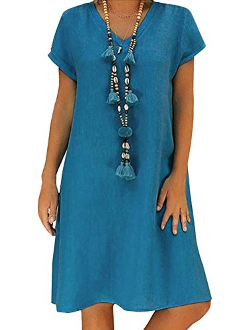 Product Vestido De Lino De Las Mujeres Verano con Cuello En V Vestido De Playa Boho Color Sólido Vestido De Una Línea hasta La Rodilla Sueltos Ocasionales De La Camiseta B Azul ES 40