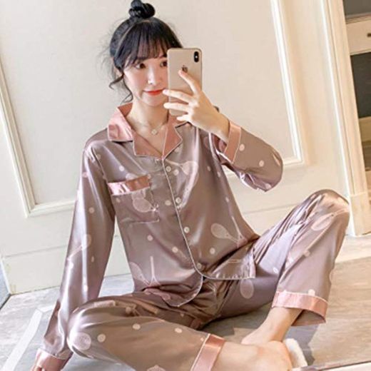 ALDD Party Pajamas 2020Autumn New Women's Silk Long Sleeve Pajamas Set Loose