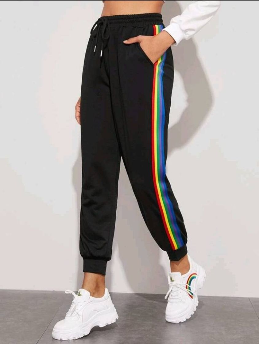 Fashion Calça Preta Bolso Listra arco-íris na Shein