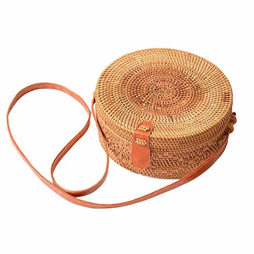 Place PowerBH Round Rattan Leather Button Knit Handbag Natural Chic Crossbody Bag Shopping