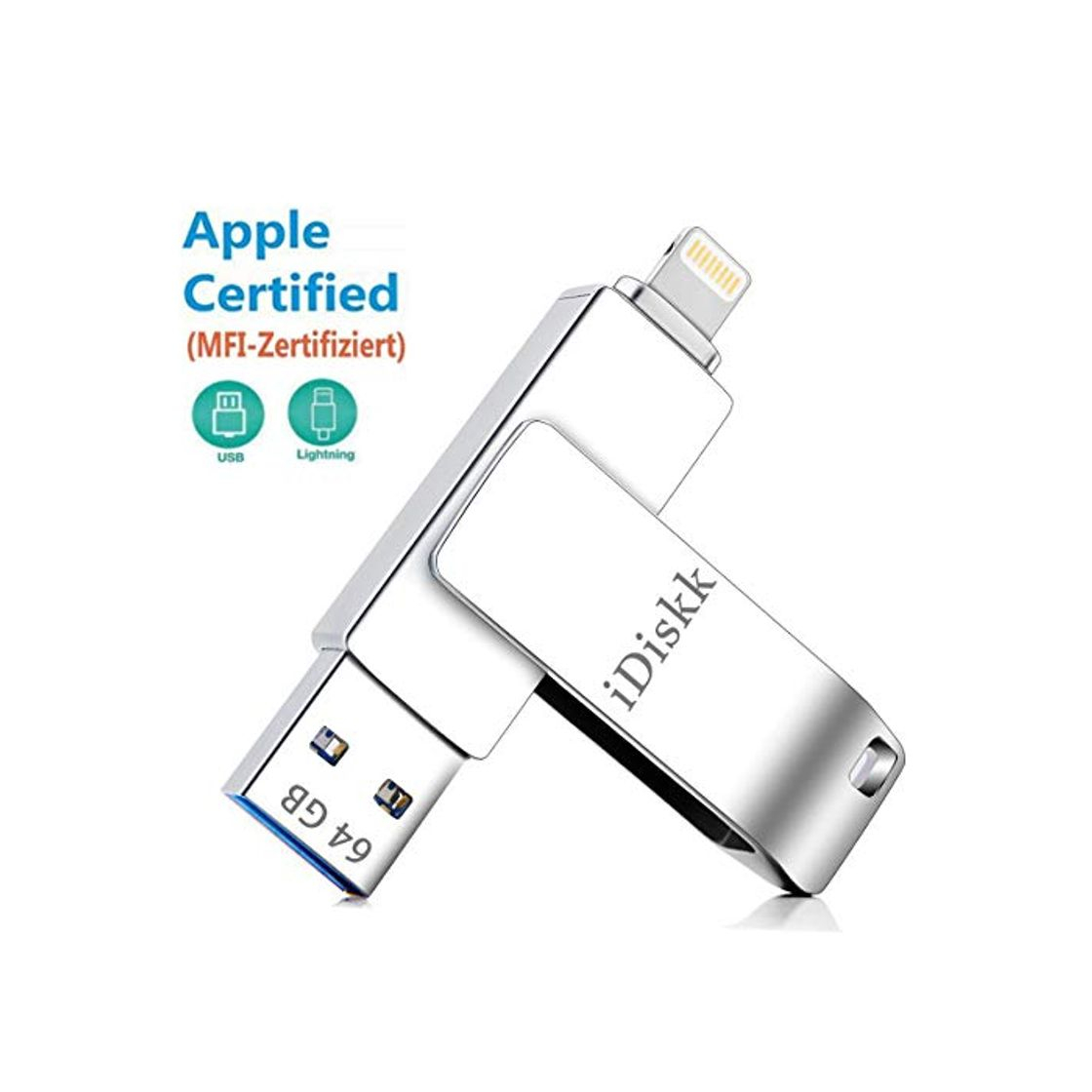 Productos Memoria USB para iPhone y iPad [Certificado MFi] iDiskk 64GB iPhone Pendrive Memoria Flash USB Compatible con iPad iOS13 PC Macbook