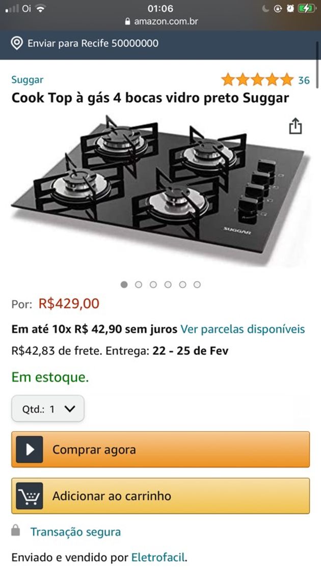 Moda Cook top gás 4 bocas de vidro preto