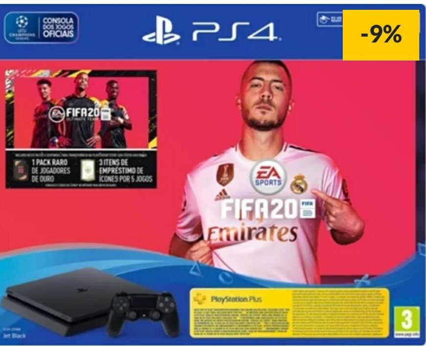 Moda Consola PS4 + Jogo FIFA 20 + Voucher (1 TB - Preto