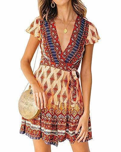 Abravo Mujer Vestido?Bohemio Corto Florales Nacional Verano Vestido Casual Magas Cortas Chic