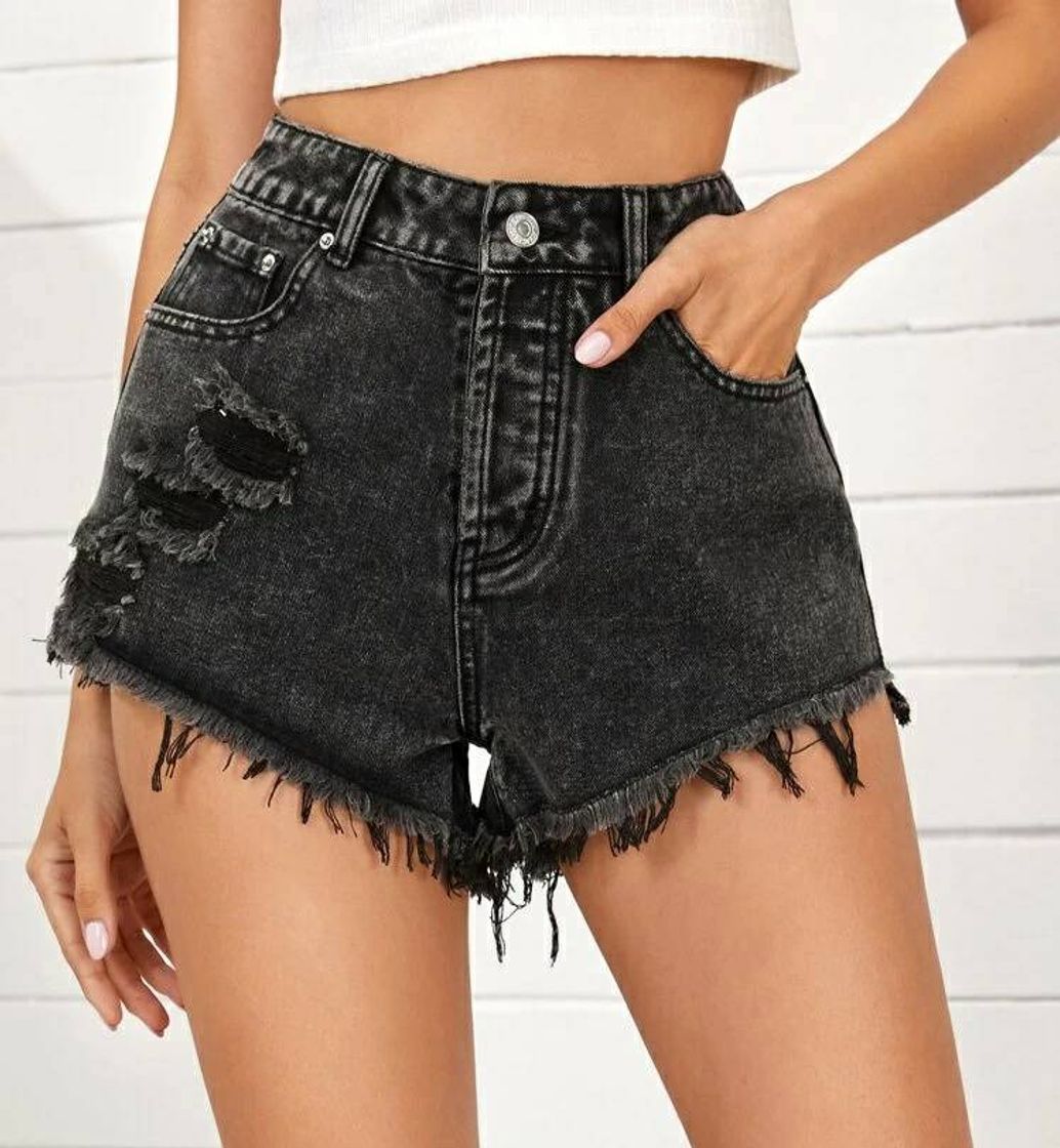 Fashion Shorts Denim Rotos Bajo Crudo Con Bolsillo Oblicuo

