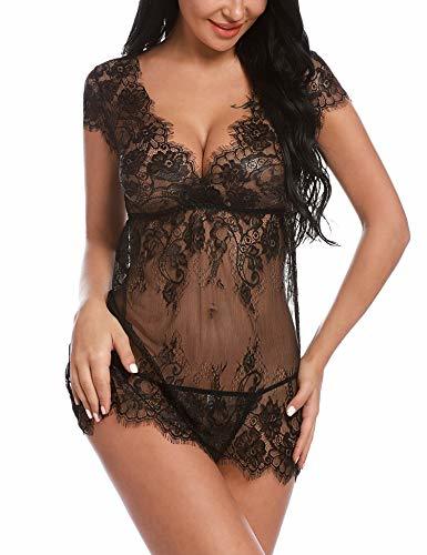 Moda Sykooria Conjunto de lencería de Encaje Sexy Babydoll Nightwear Chemise Deep V-