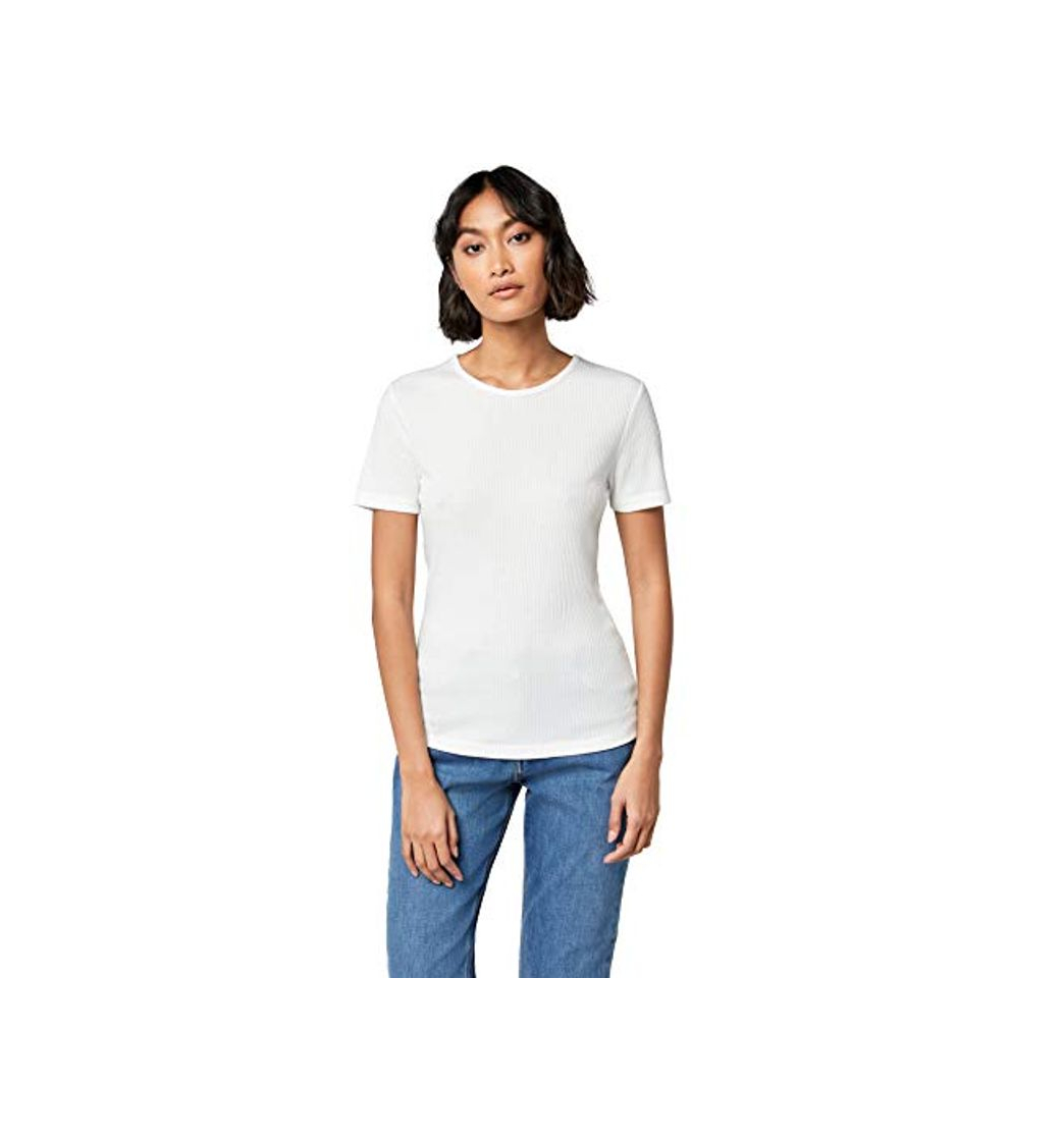 Moda Marca Amazon - MERAKI Camiseta con Cuello Redondo Mujer, Blanco