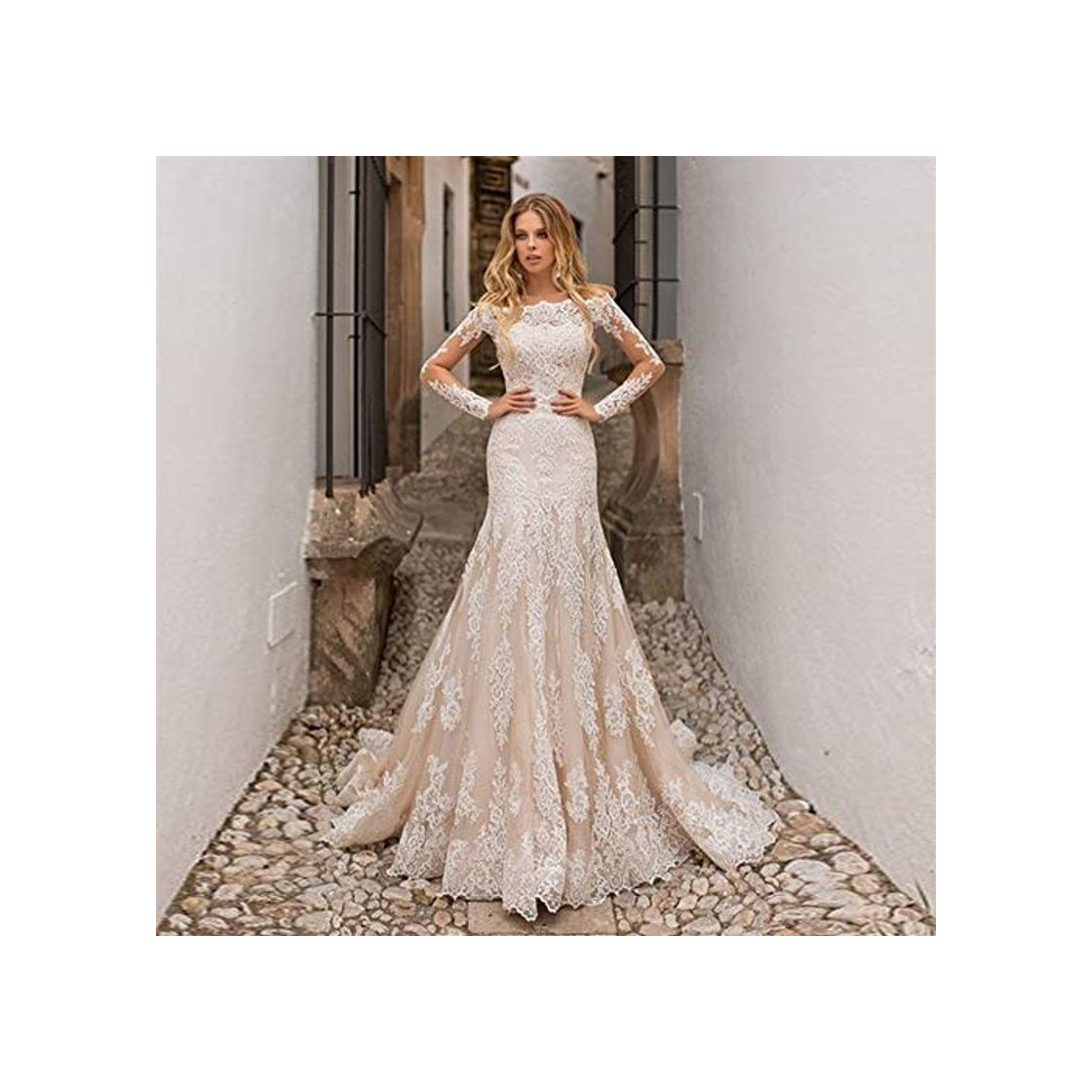 Product NO BRAND Las mangas largas Champnage Caro completamente vestido de novia apliques