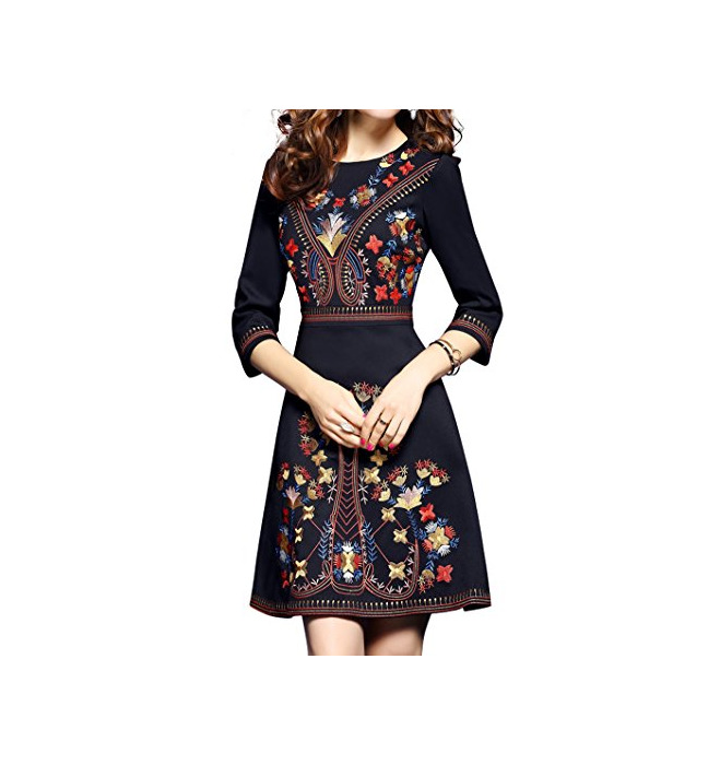 Social LAI MENG Women's Premium Embroidered Floral 2/3 Sleeves Skater Cocktail Formal Dress