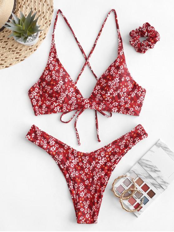 ZAFUL Tiny Floral Criss Cross Bikini Swimsuit With Hair Tie