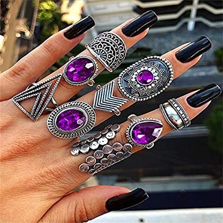Social GUANGUA Anillos de Cristal púrpura Vintage para Mujer Conjunto de Anillo de