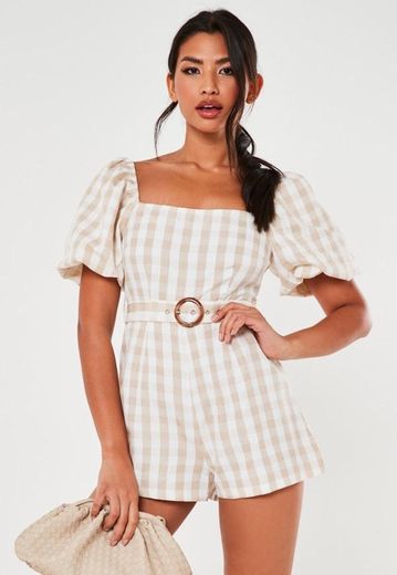 Petite Stone Gingham Belted Milkmaid Playsuit