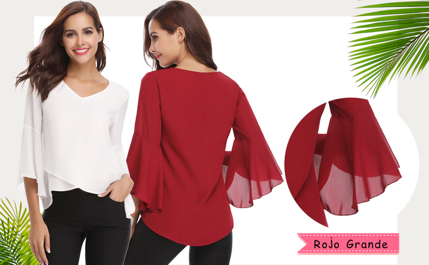 Fashion Abollria Camisa de Gasa para Mujer 3/4 Mangas Elegante Blusa Chiffon Cuello