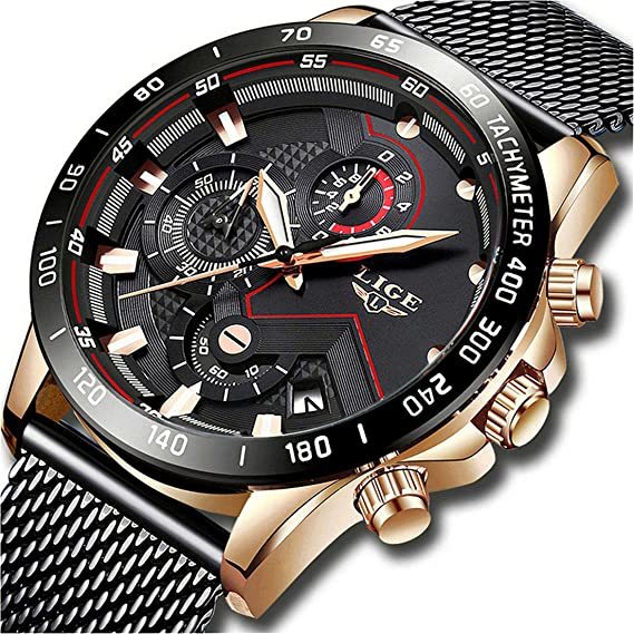 Fashion LIGE Relojes para Hombre Negro Acero Inoxidable Moda Reloj Deportes Impermeable Gran