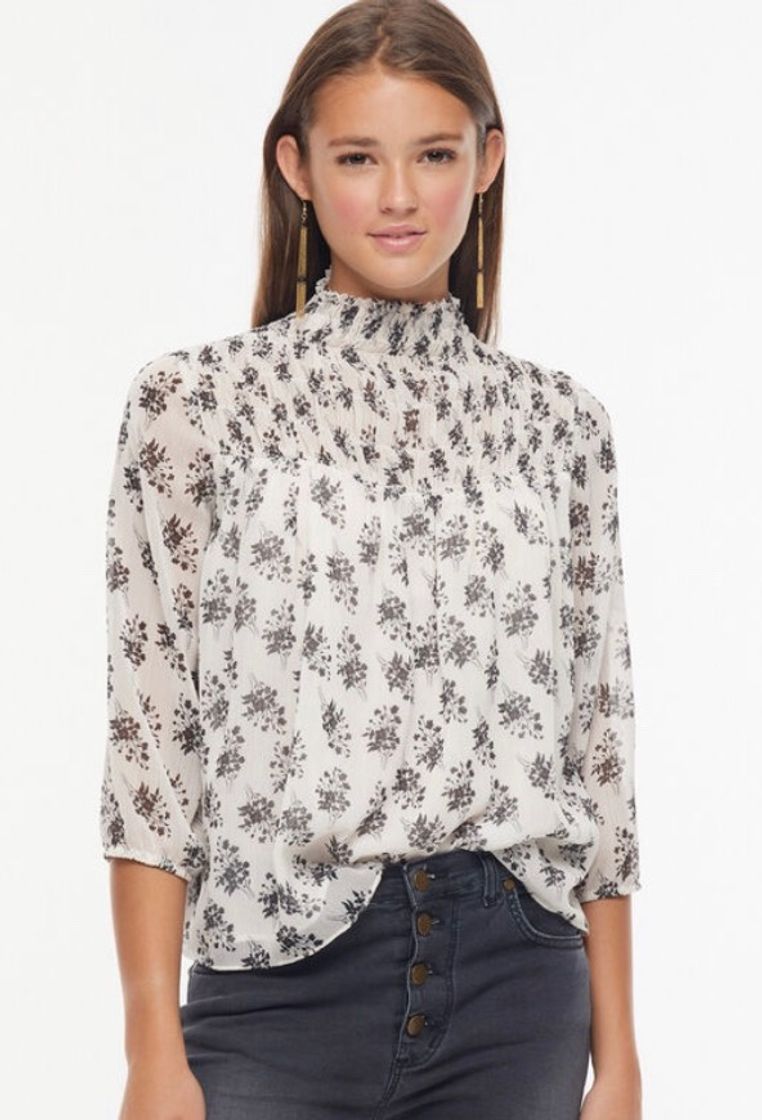 Fashion Camisa cuello frunce cruda flor antracita