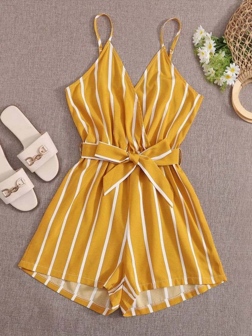 Product Stripe Surplice Belted Cami Romper

