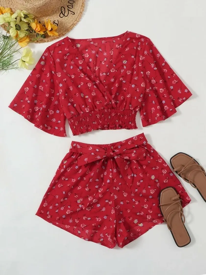 Product Ditsy Floral Surplice Front Shirred Top & Belted Shorts

