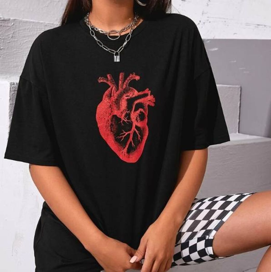 Fashion Camiseta larga con estampado de corazón