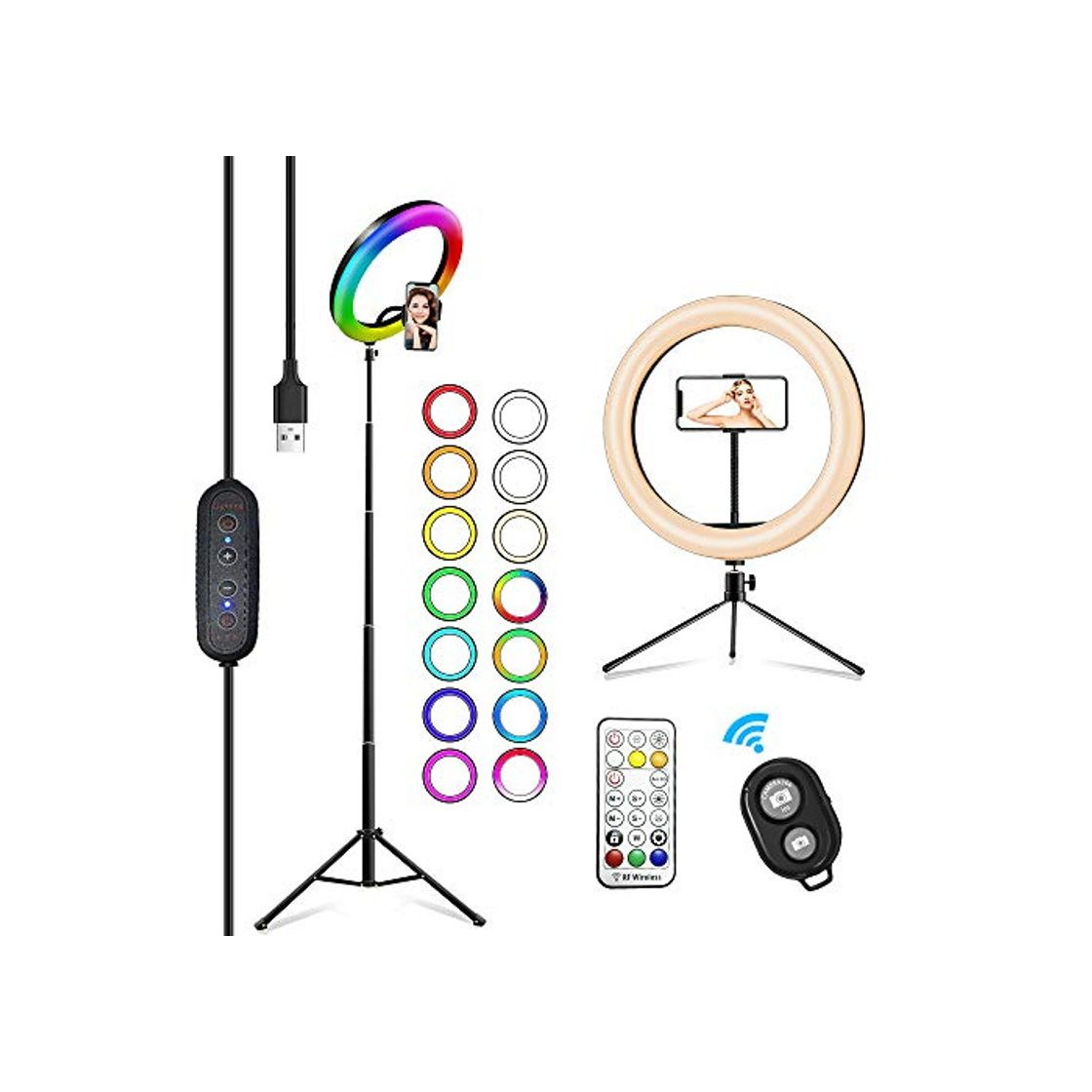 Products 2NLF Aro de Luz para Movil 10" RGB Anillo de luz LED con Trípode Soporte 53" Altura Regulable 26 Colores 10 Brillos Regulables Control Remoto Inalámbrico para Selfie Maquillaje Youtube TIK Tok Live