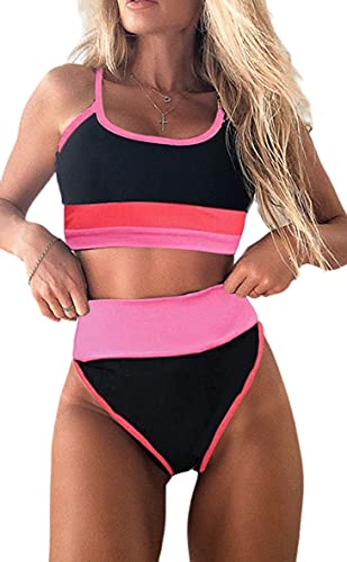 Fashion Traje De Baño para Mujer Color Block Push Up Bañador de Cintura Alta a Rayas con Control de Abdomen Conjuntos de Bikini de Dos Piezas