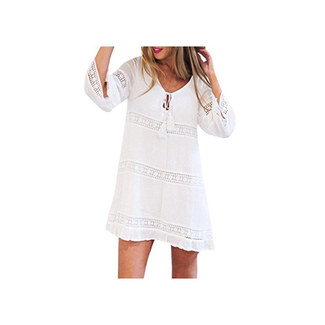Social OverDose Mujer Vestido Corto Manga Corta Beach Boho Beach con Encaje Cuartos