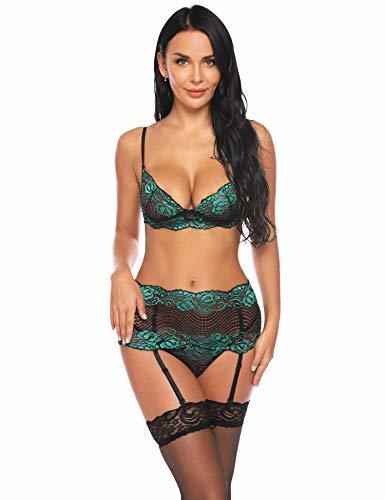 Social Sykooria Conjunto de Lencería Sexy Hueca Tirantes de Encaje Transparente Sujetadores Push