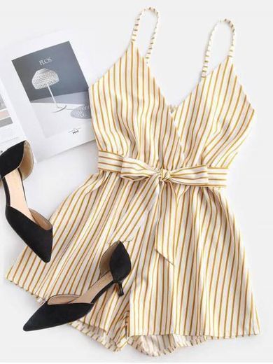 Social Striped Surplice Cami Romper