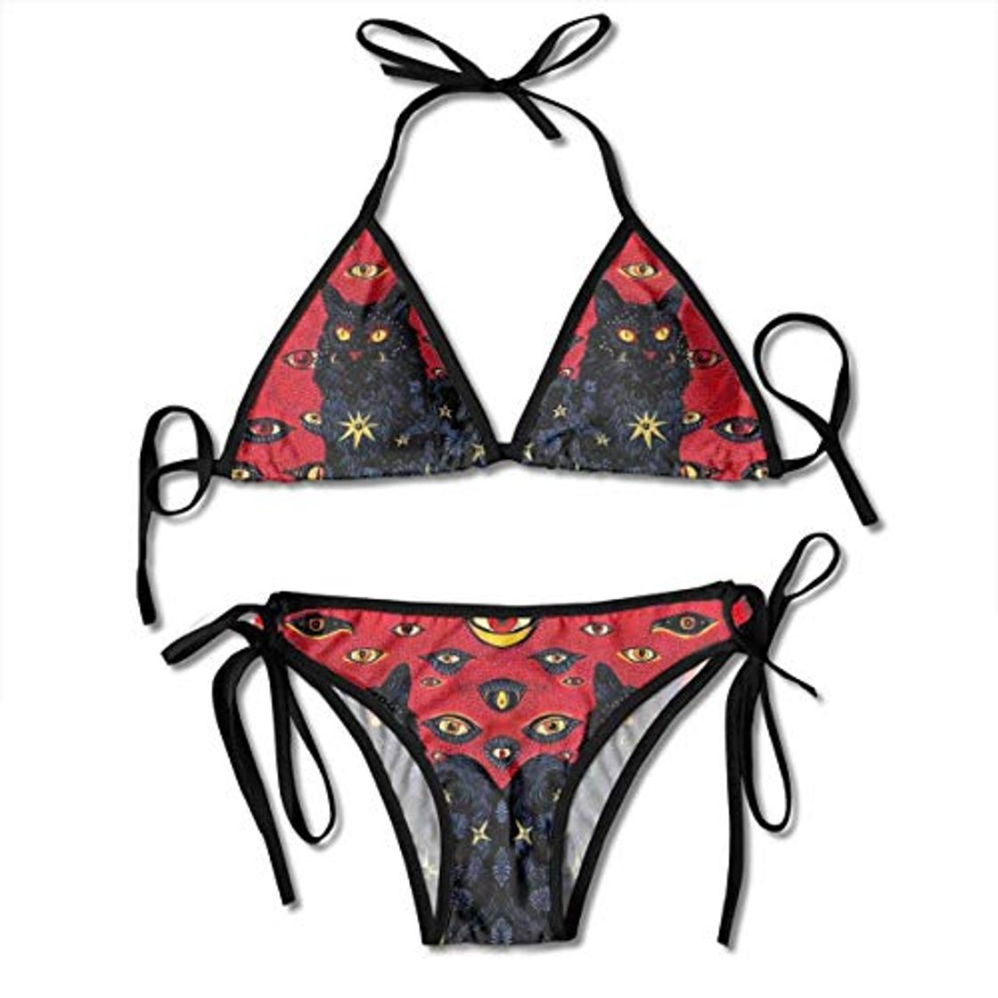 Fashion Cats Eyes Stars Illustration Bikini Set Beach Swimwear Bikini de Dos Piezas para Mujer Niñas Beachwear Black