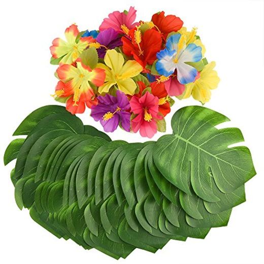 Kuuqa 60 piezas decoraciones de fiesta tropical Hojas de palmera tropical de