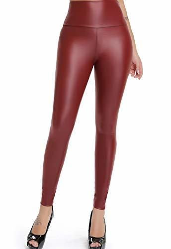 FITTOO Mujeres PU Leggins Cuero Brillante Pantalón Elásticos Pantalones para Mujer300#2 Rojo